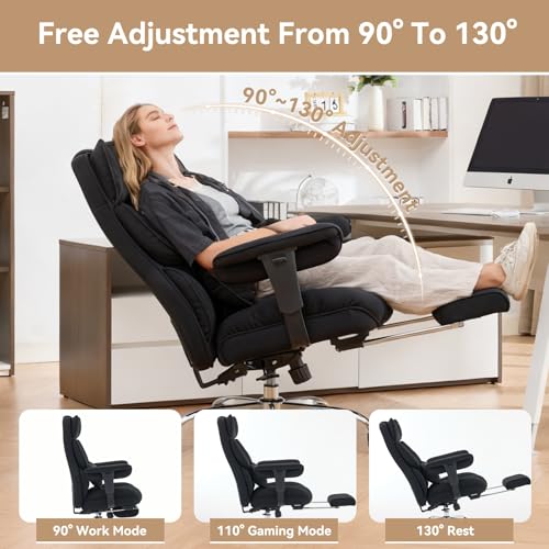 Efomao Executive Office Chair, Mesh Black Fabric Big and Tall Desk Chair | Breathable fabric, pocket spring & foam seat, retractable footrest, 135° recline for computer gaming setup - color: 3084mus-black
