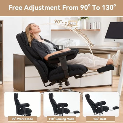 Efomao Executive Office Chair, Mesh Black Fabric Big and Tall Desk Chair | Breathable fabric, pocket spring & foam seat, retractable footrest, 135° recline for computer gaming setup - color: 3084mus-black
