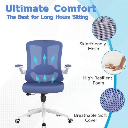 Office Chair (02BLue) | Smooth-rolling casters, space-saving design, height adjustable, for home office and gaming, sturdy construction - color: 02blue