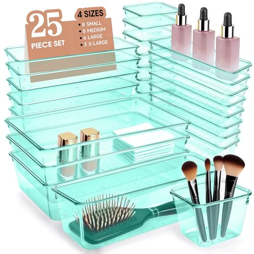 Kitchen Desk Drawer Organizers Storage for Office, Small Acrylic Vanity Trays Makeup for Drawer Bathroom Plastic Make up Organizers 25 Pcs Green - color: Clear Green