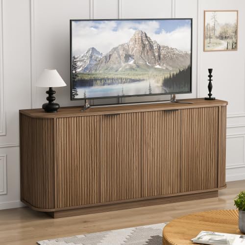 63" Sideboard Buffet Cabinet with Storage, Fluted Buffet Credenza with Adjustable Shelves, Mid Century Sideboards with 2 Doors, Modern Accent Console Cabinets for Living Room, Brown - color: Brown-63"l 2 Doors