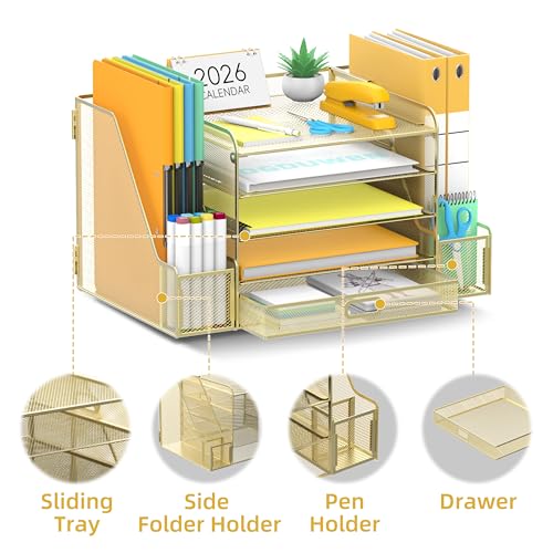 SUPEASY Mesh Desk Organizer with File Holder, 5-Tier Paper Letter Tray Organizer with Magazine Holder, Desktop Organizer and Storage with Drawer for Office Supplies Home or School (Golden) | Two side magazine holders and a bottom drawer store papers, fold