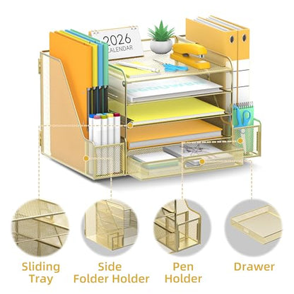 SUPEASY Mesh Desk Organizer with File Holder, 5-Tier Paper Letter Tray Organizer with Magazine Holder, Desktop Organizer and Storage with Drawer for Office Supplies Home or School (Golden) | Two side magazine holders and a bottom drawer store papers, fold