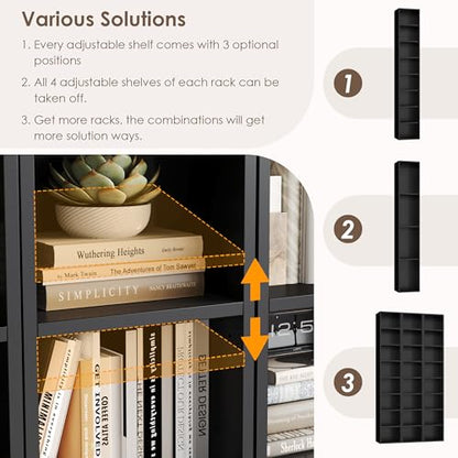 FOTOSOK Bookshelf Bookcase 8-Tier Narrow Bookshelf Tall CD Media Tower Rack | 11.6 X 9.3 X 70.9 Black Bookshelf, Tall Narrow Slim Skinny Display Bookcase with Cube Storage and 4 Adjustable Shelves - color: Black
