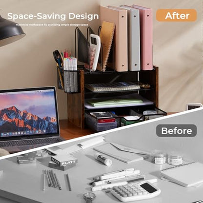 4-Tier Desk Organizer with Drawer, Wooden Mesh File Organizer with 5 Vertical Sorters & 2 Pen Holders, Multi-Functional Desktop Organizer for Home, Office & School