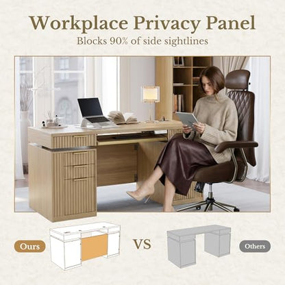 59 Inch Electric Standing Desk with Drawers, Light Walnut | Executive Standing Desk with Keyboard Tray, 8 Storage Drawers, File Cabinet, AC/USB, Fluted Stand Up Desk with Privacy Panel