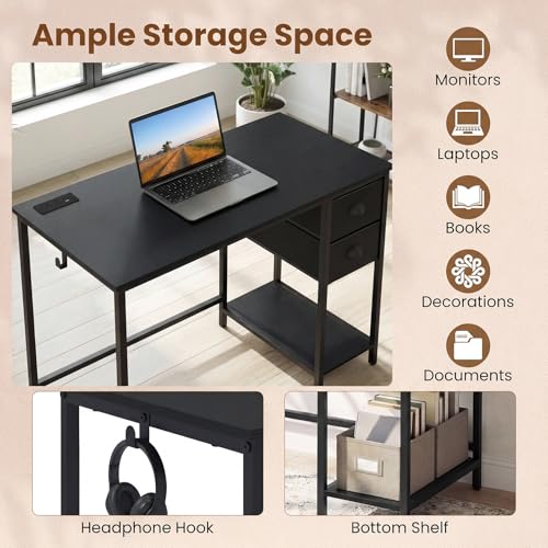 GIANTEX Computer Desk with Charging Station, 38" Home Office Desk w/ 2 Fabric Drawers, Storage Shelf & Headphone Hook, Industrial Study Work PC Table, Writing Desk for Small Spaces (Black) - color: Black