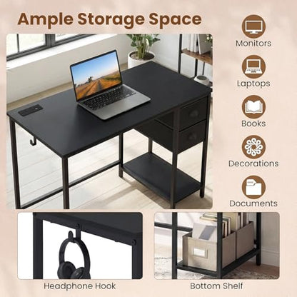 GIANTEX Computer Desk with Charging Station, 38" Home Office Desk w/ 2 Fabric Drawers, Storage Shelf & Headphone Hook, Industrial Study Work PC Table, Writing Desk for Small Spaces (Black) - color: Black