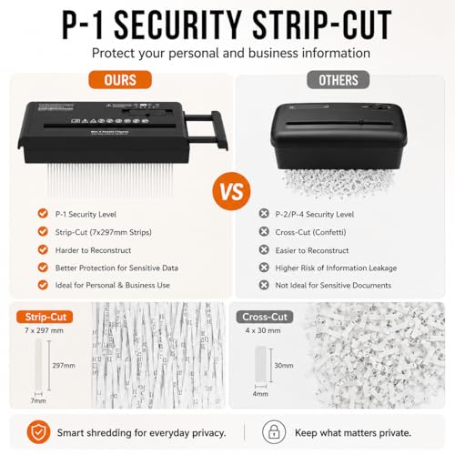 Compact Strip-Cut Paper Shredder, 6-Sheet Capacity, P-1 Security Level, 3-Minute Continuous Run, 4 Control Modes, Fits Most Trash Cans, Black
