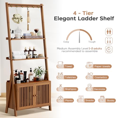 Bookcase with Drawers, Ladder Shelf 4-Tier Bamboo Bookshelf with 6 Hooks - color: 4-tier Walnut