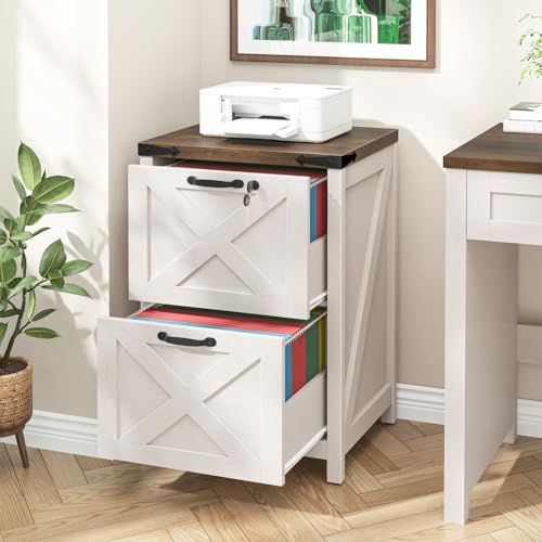 Farmhouse 2 Drawers File Cabinet with Lock for Home Office, Rustic White - color: Rustic White, size: 2 Drawers