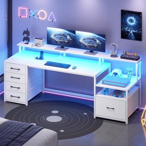 SEDETA Computer Desk with 5 Drawer, Power Outlet, Led Lights, White - color: White With Led Lights, size: 67X18.5inch