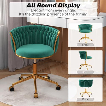 HENGJIANYI Velvet Woven Home Swivel Vanity Desk Chair with Gold Base, Green | Modern Height Adjustable Office Chair with Metal Base and Hand Weaving Back Wheels for Bedroom Study Small Space girl women - color: Green