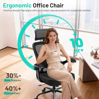 AreShark Office Chair - Ergonomic Desk Chair Breathable Mesh Chair with 2D Headrest & Adjustable Lumbar Support - Executive High Back Rolling Swivel Computer Gaming Chair with Wheels Flip-up Armrests - color: Black/Black