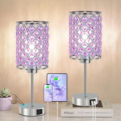 GyroVu Purple Crystal Bedside Table Lamps Set of 2 with USB C+A Ports - color: Purple-2, size: 14.75"