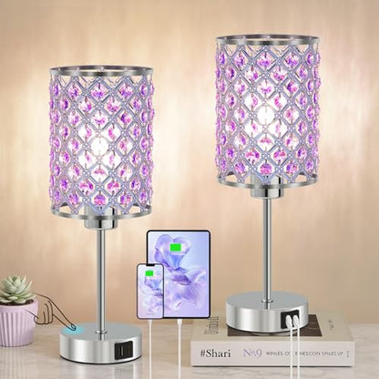 GyroVu Purple Crystal Bedside Table Lamps Set of 2 with USB C+A Ports - color: Purple-2, size: 14.75"