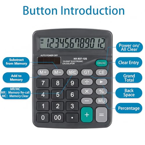 Marte Vanci 12-Digit Desk Calculator with Solar & Battery Power - color: Black