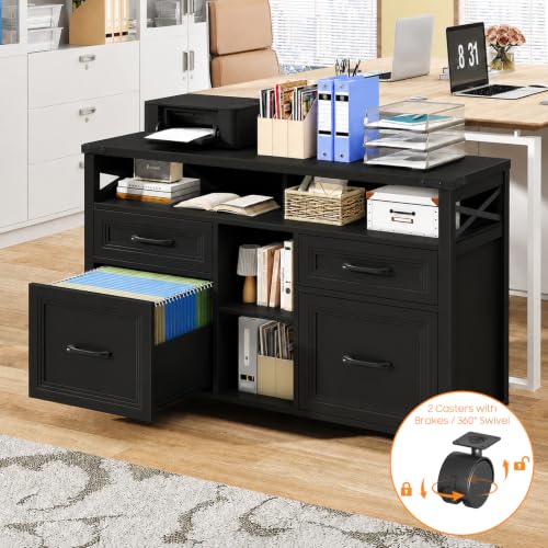 Halitaa Farmhouse Filing Cabinet with Adjustable Shelf & Wheels, Pure Black - color: Pure Black, size: 4 Drawers&Wheels
