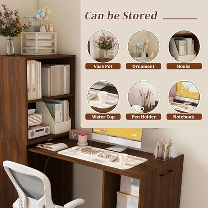 Walnut Wooden Foldable Murphy Desks for Small Spaces(Walnut,) | Home Computer Desk with Storage Shelves, Hideaway Writing Desk, Space Saving Pull Out Study Table for Bedroom Apartment - color: Walnut,