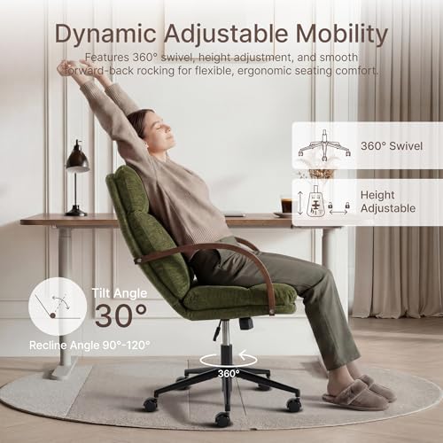 KISLOT Home Office Desk Chair, Ergonomic Office Chair with Lumbar Support, Adjustable Swivel Computer Chair with Wheels, Fabric Executive Task Chair with Wood Arms, Set of 2, Moss Green - color: Moss Green Fabric, size: Set of 2