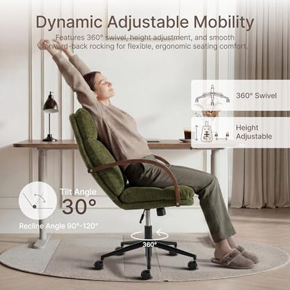 KISLOT Home Office Desk Chair, Ergonomic Office Chair with Lumbar Support, Adjustable Swivel Computer Chair with Wheels, Fabric Executive Task Chair with Wood Arms, Set of 2, Moss Green - color: Moss Green Fabric, size: Set of 2
