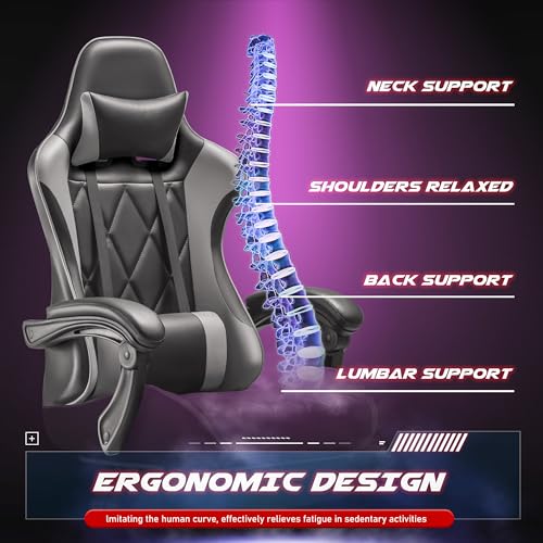 Homall Gaming Chair, Computer Chair with Footrest and Massage Lumbar Support, Ergonomic High Back Video Game Chair with Swivel Seat and Headrest (Grey) - color: Grey