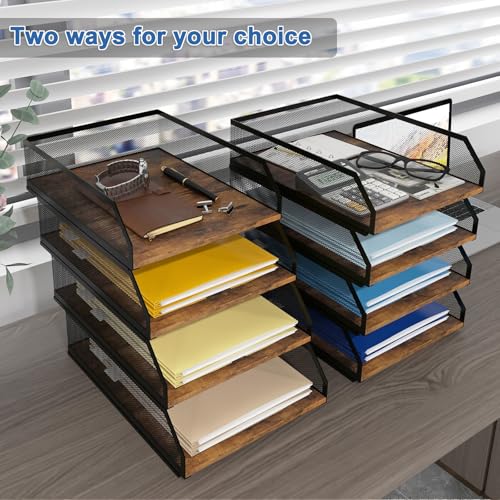 Natwind 4-Tier Stackable Metal Mesh Paper Organizer with Sliding Tray,Retro | Wooden Desk Organizer, Letter Tray For Desktop,File Holder For Home Office School Classroom Organization - size: 4 Tier