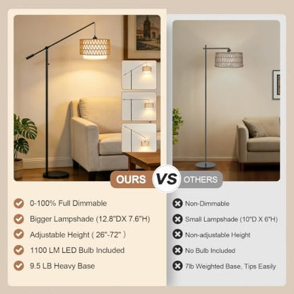 【Upgraded】Boho Dimmable Floor Lamps with Adjustable Swing Arm, 1100 Lumens Bulb Included, Modern Standing Lamp with Rattan & Fabric Shades, Rattan Tall Arc Floor Lamp for Living Room Bedroom, Black - color: Farmhouse-Matte Black