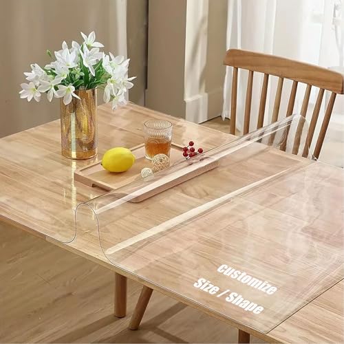 Custom Size Clear Table Cover Protector, PVC Desk Mat, Custom Shapes, Easy to Clean Burn-Proof, Waterproof Tablecloth for Kitchen, Dinning Room, Office Furniture Floor Surface Anti-Scratch