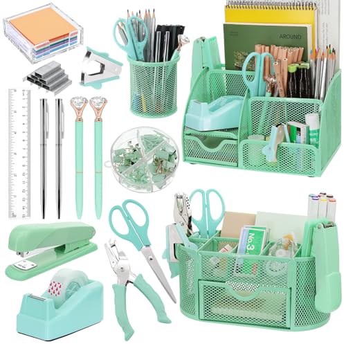 17 IN 1 Office Desk Organizer Set for Back to School Supplies Accessories - color: Green