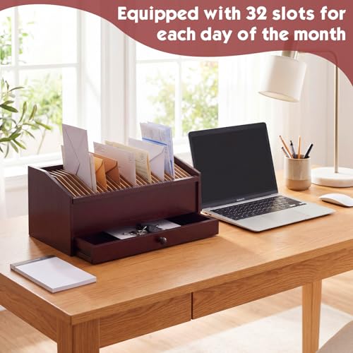 Wood Desktop Organizer with Drawer, 17 Inch 32 Section Bill & Mail & File Organizer Storage for Office Desk, Desktop Mail Holder and Office Supplies Storage, Letter and Paper Sorter(Brown) - color: Brown
