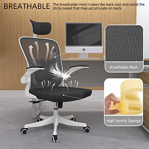 Monhey Office Chair, Ergonomic Office Chair with Lumbar Support & 3D Headrest & Flip Up Arms Home Office Desk Chairs Rockable Computer Chair Multi-Angle from 90° to 130° with 350LBS CapacityChair - color: 02white+black