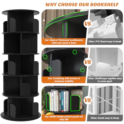 Aheaplus 5 Tier Wood Rotating Bookshelf, 360° Spinning Book Shelf Tower - color: Black, size: 5-Tier