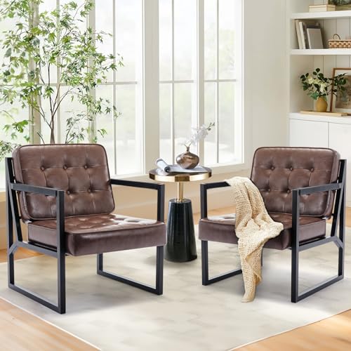 COLAMY Mid Century Modern Accent Chair, Comfy Living Room Chairs, Brown Leather Accent Chair, Faux Leather Reception Armchair with Metal Legs for Living Room Bedroom Reception Waiting Room, Brown - color: Brown, size: Set of 1