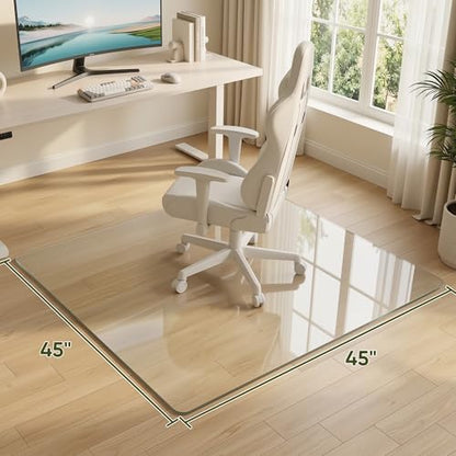 45"x45" Tempered Glass Chair Mat for Hardwood Floor & Carpet | 0.2" Thick Heavy-Duty Tempered Glass With 4 Non-Slip Pads, Smooth Rolling Surface Protects Floors From Scratches And Cracks - size: 45" x 45"