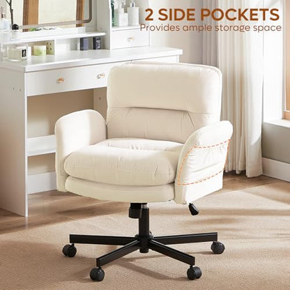 Bestier Criss Cross Office Chair with Flip-Up Arms, Beige Velvet Desk Chair | Swivel Makeup Vanity Chair with Wheels 2 Side Pockets, Cross Legged Office Chair for Home Office Bedroom Gaming - color: Beige Velvet, size: Low Back
