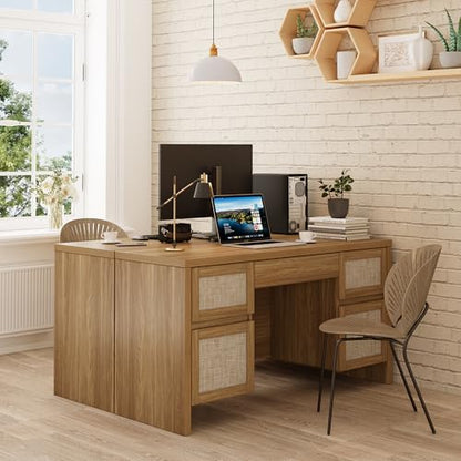 Yechen Executive Desk with 5 Drawers, 57" Modern Rattan Home Office Desk with Charging Station, File Drawer, Farmhouse Boho Computer Writing Desk for Study, Work, Walnut Brown