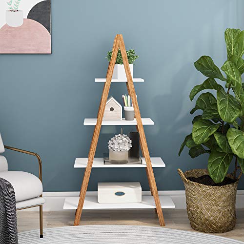 4 Tier Ladder Shelf, Industrial Bookshelf A-Shaped Bookcase, Ladder Bookshelf, Freestanding Storage Organizer Display Shelf, Multipurpose Storage Shelves Rack for Living Room Bedroom Home Office