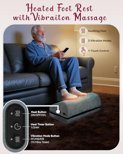 Heated Foot Rest for Under Desk at Work, Gifts | Ergonomic Memory Foam, Feet Warmer Heater, Foot Stool with Vibration Massage & 2 Heat Levels - color: Light Grey