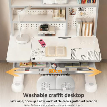 Kid Study Desk and Chair Set 3-12 Height Adjustable Ergonomic Desk | School Art Desk, 50° Tiltable Desktop, Easy-Turn Crank, Storage Drawer & Built-in Bookstand for Children Boys & Girls - color: 013-grey-31.5in