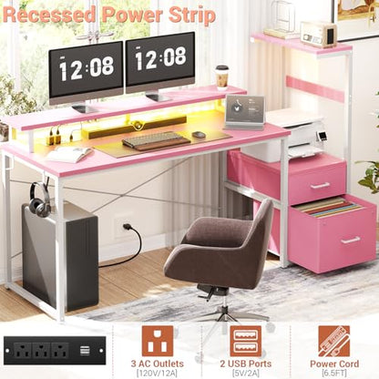 Aheaplus Gaming Desk with LED Strip & Power Outlet, 59Inch Reversible Computer Desk with Monitor Stand & Storage Shelves, Home Office Desks with Fabric File Drawer, Gamer Table PC Desk, Pink - color: Pink