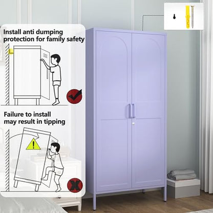 Metal Wardrobe with Lock, 67"Clothing Steel Storage Cabinet Locker, Hanging Rod And Adjustable Shelves, Puple 2 Doors Household kids wardrobe closet Lockers for Bedroom Cloak Room Home Office Gym - color: Purple, style: 67"H-Wardrobe-DY
