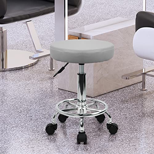 KKTONER PU Leather Round Rolling Stool with Foot Rest Swivel Height Adjustment Spa Drafting Salon Tattoo Work Office Massage Stools Task Chair (Grey) - color: Grey