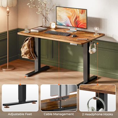 Huuger 48 x 28 Large Electric Standing Desk, Height Adjustable Desk, 27.6" Deep Desktop, Stand up Gaming, 2 Hooks, 3 Preset Heights, for Home Office, Rustic Brown - color: Rustic Brown, size: 48*28 inch (no outlets)