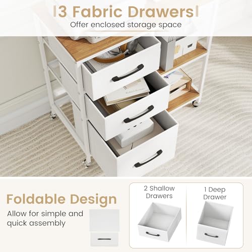 GOFLAME 3 Drawer Mobile File Cabinet with Charging Station, Rolling Printer Stand with Open Storage Shelves, Wooden Storage Cabinet on Wheels for Home Office (Natural and White) - color: Natural and White
