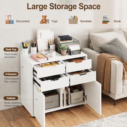 POWERSTONE Mobile File Cabinet with 4 Drawers & 2 Door, Rolling Under Desk Storage Chest with Lockable Wheels, Wood Printer Stand for Home Office Craft Room, White - color: White