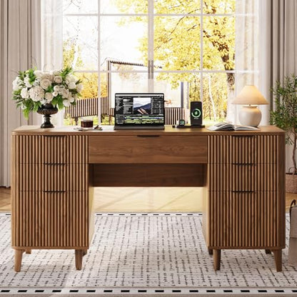 55.1" Fluted Executive Desk with Drawers, Wood Computer Desk with Storage Cabinet, Home Office Desk with Charging Station, Farmhouse Desk with File Cabinet for Office Home (Walnut) - color: Walnut With 4 Legs