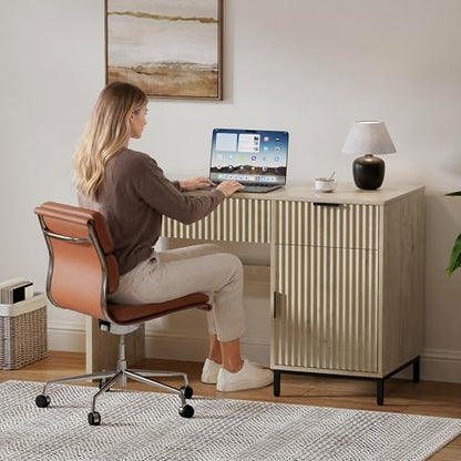 47" Home Office Desk with Fluted Drawers, Wood Exectuive Desk with Storage Cabinet, Charging Station, Metal Legs Modern Farmhouse Computer Desk for Work, Study Light Oak - color: Light Oak