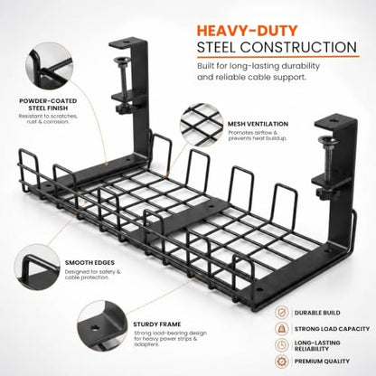 Under Desk Cable Management Tray 2 Pack, No Drill Metal Cord Organizer Box with Clamp Mount, Wire Management Rack for Standing Desk, Home Office & Gaming PC Setup, Black, 12.9 x 4.9 in