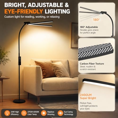 Dual Head LED Floor Lamp, 24W 2400LM with Remote Control